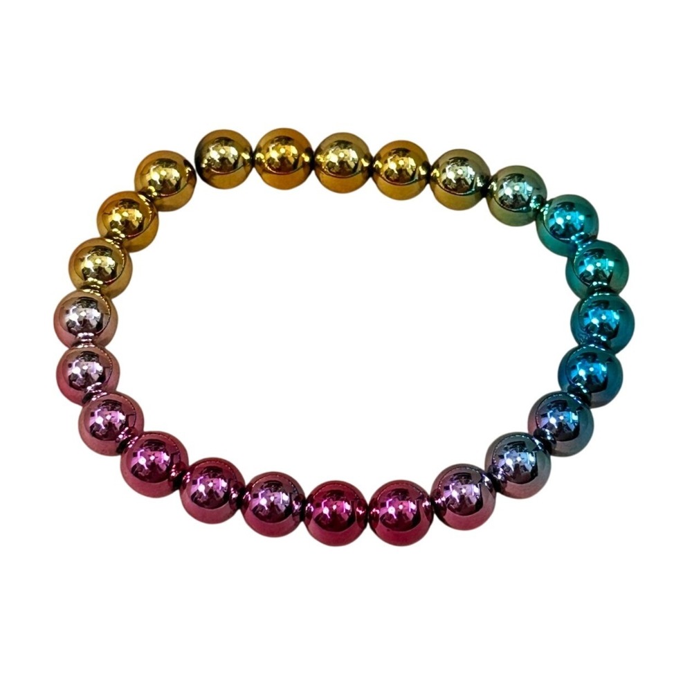 Handcrafted Rainbow‎ Metallic Beaded Stretch Bracelet Multicolor Gradient Ombre